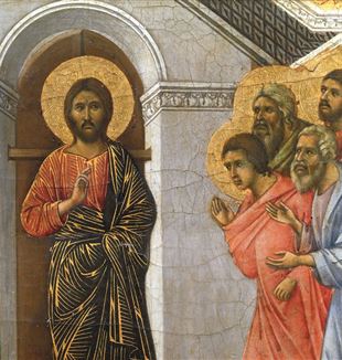 Duccio de Buoninsegna (1260 ca.-1318), Maestà (cornisa), "Aparición de Cristo a los apóstoles con las puertas cerradas". 